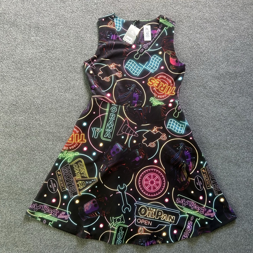 Disney Dress Womens Large Multicolor Cars Neon Fit Flare Sleeveless Lined Party